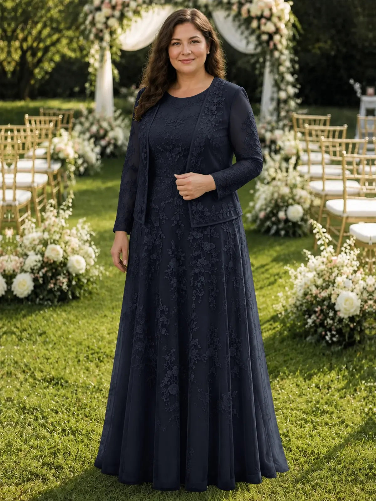 Two-Piece Lace Mother of the Bride Dress with Long Sleeves-Plus Size 