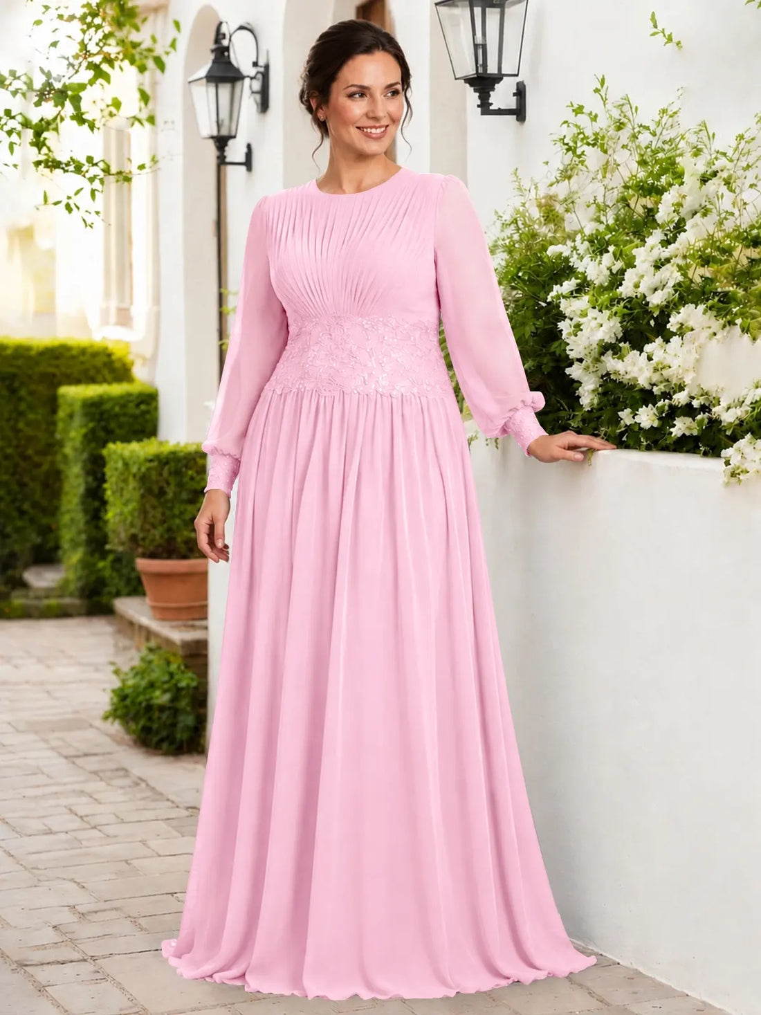 Chiffon Mother of the Bride Dress with Jewel Neckline-Plus Size 