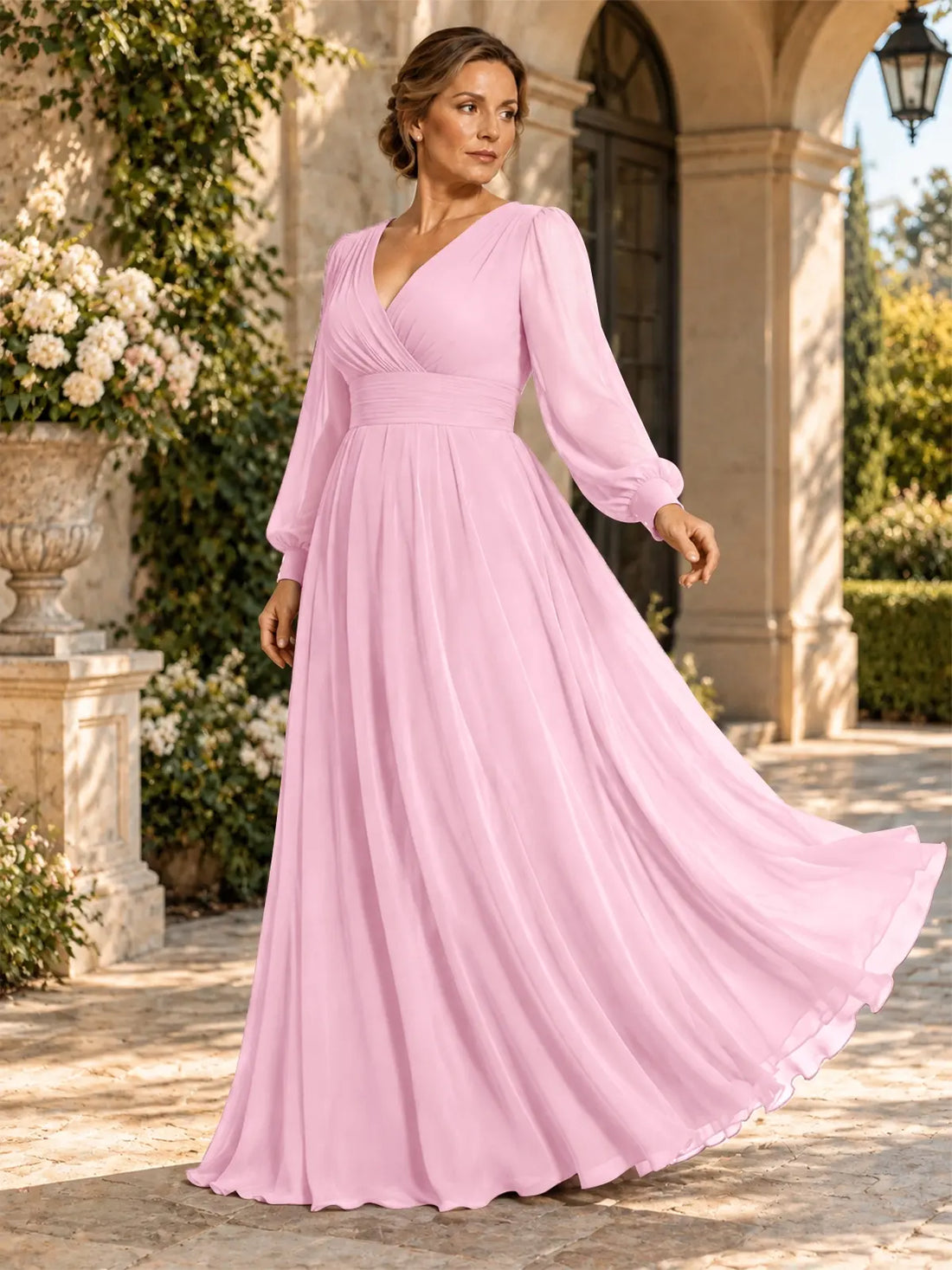 Chiffon Mother of the Bride Dress with Long Sleeves-Plus Size 