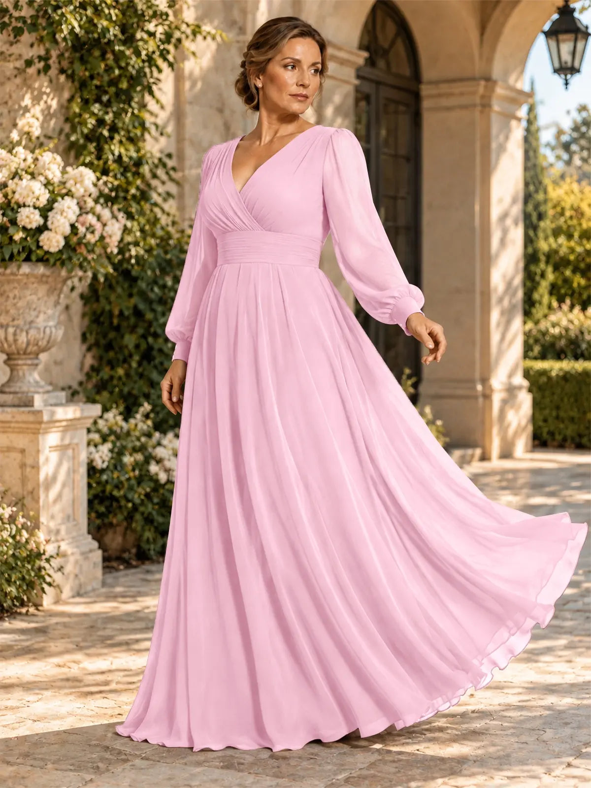 Chiffon Mother of the Bride Dress with Long Sleeves-Plus Size 