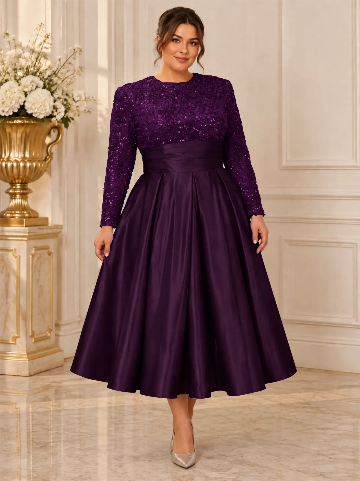 Sequined Mother Dress with Pockets-Plus Size 