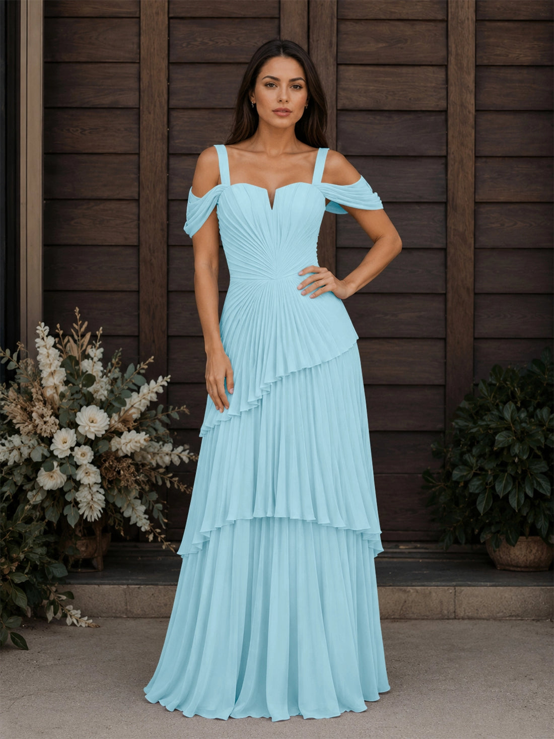 Chiffon Bridesmaid Dress with Cold-Shoulder 