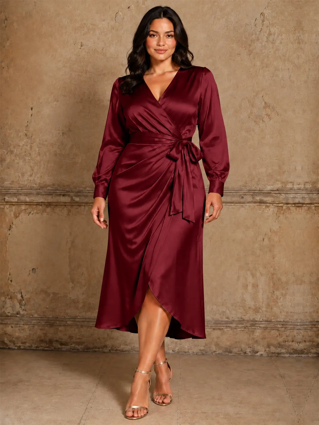 Silk-like Mother of the Bride Dress with Self-Tie Sash-Plus Size 