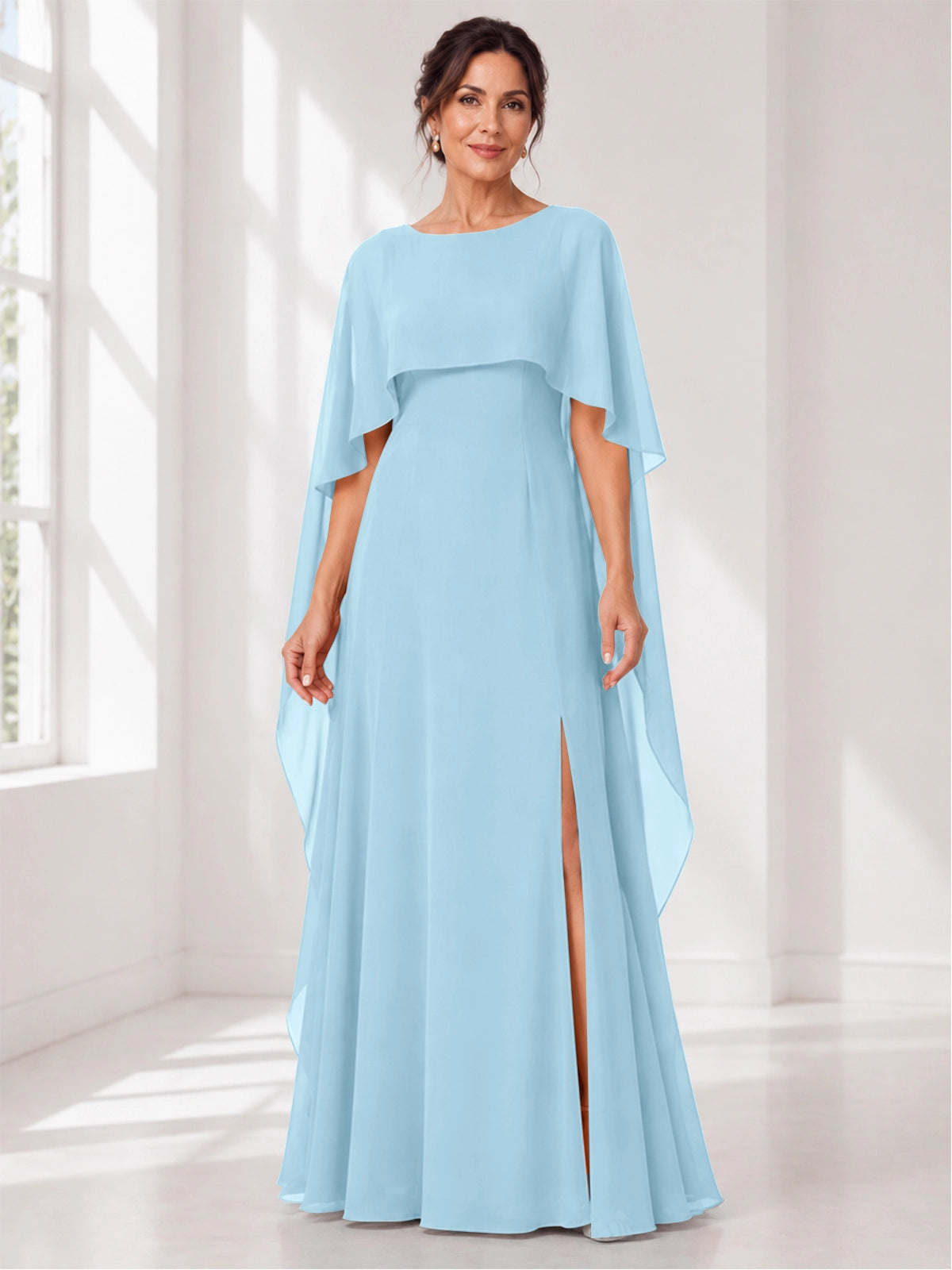 Chiffon Mother of the Bride Dress with Cape Overlay 