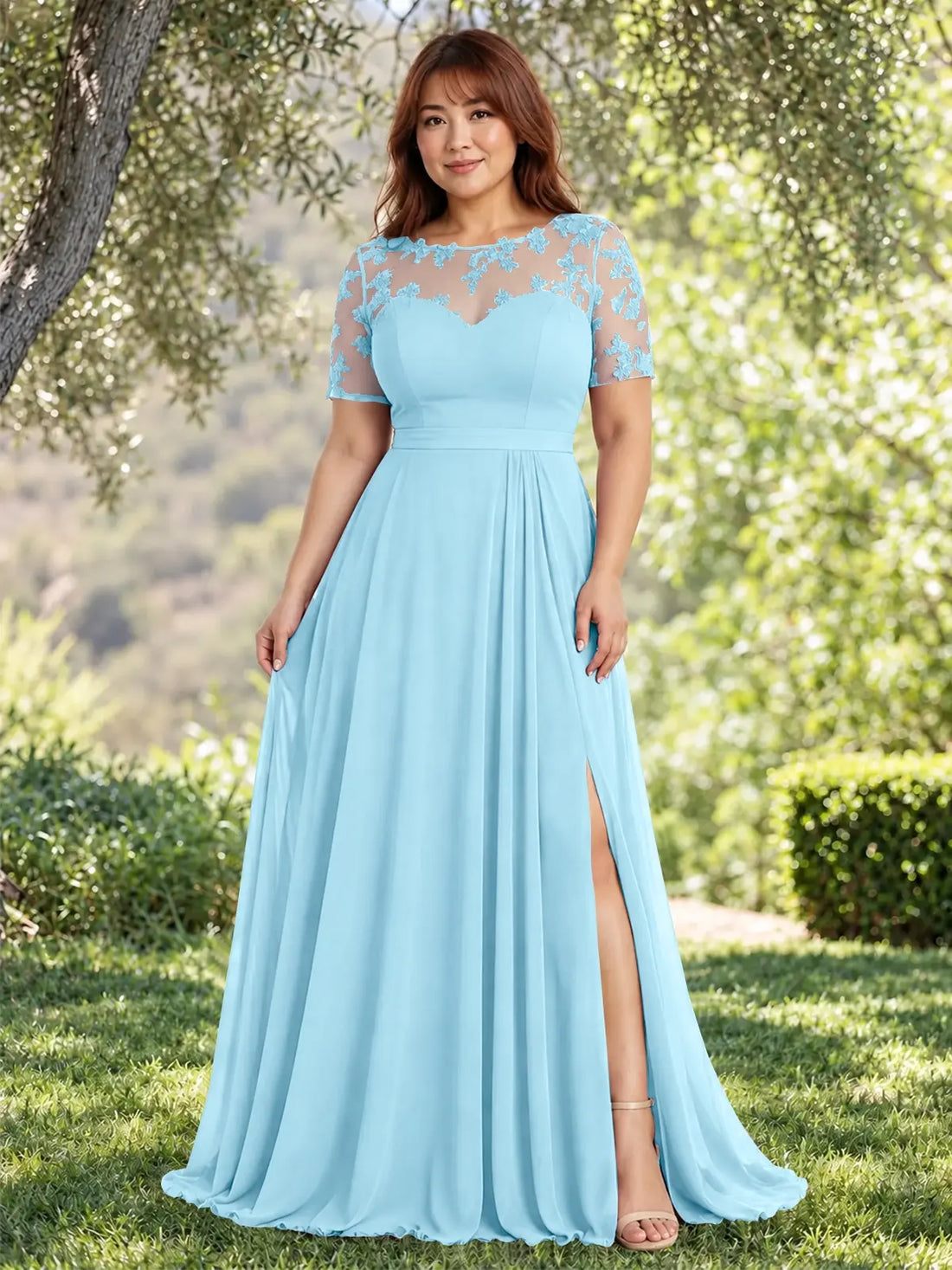 Lace Mother of the Bride Dress with Illusion Neckline-Plus Size 
