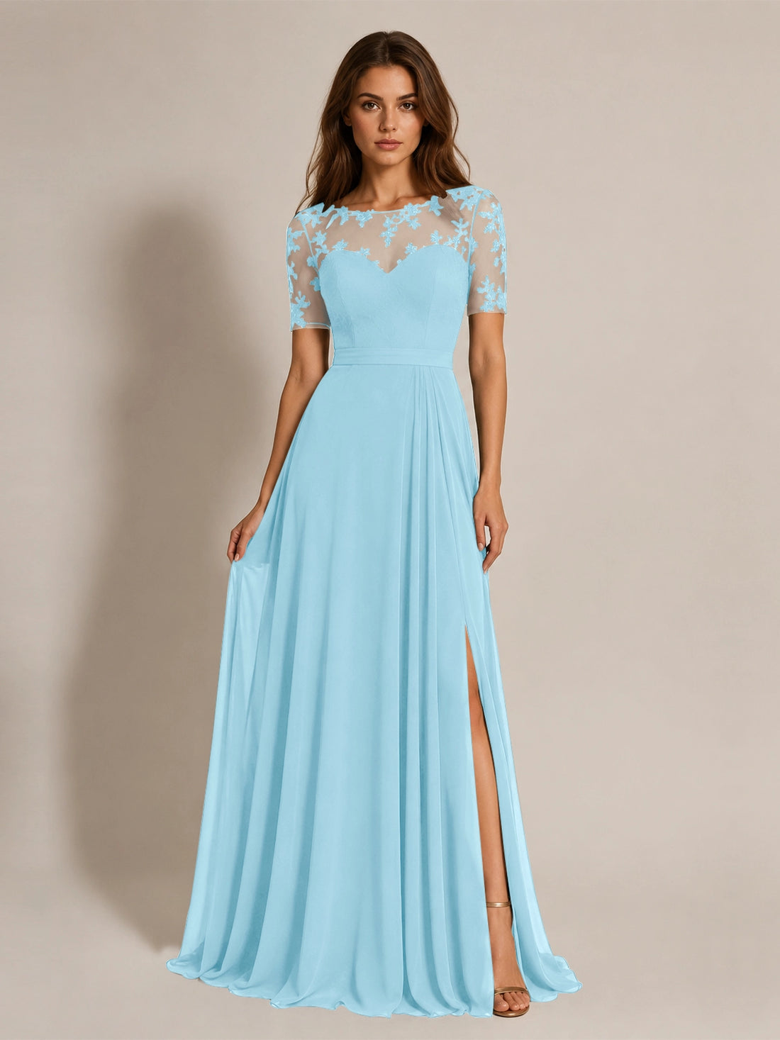 Lace Mother of the Bride Dress with Illusion Neckline 