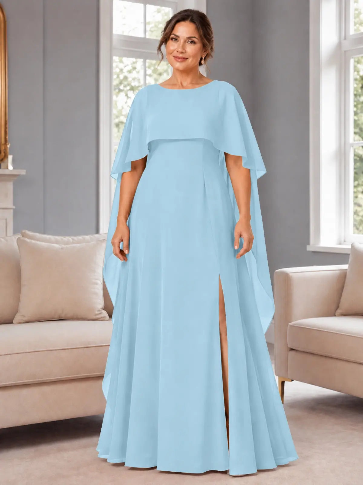 Chiffon Mother of the Bride Dress with Cape Overlay-Plus Size 