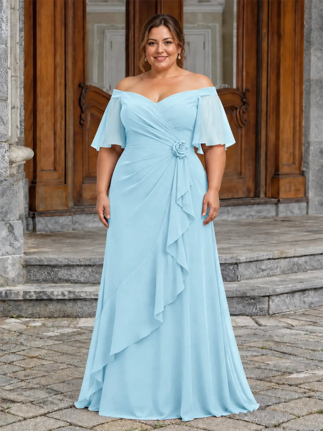 Chiffon Mother of the Bride Dress with 3D Rosette-Plus Size 