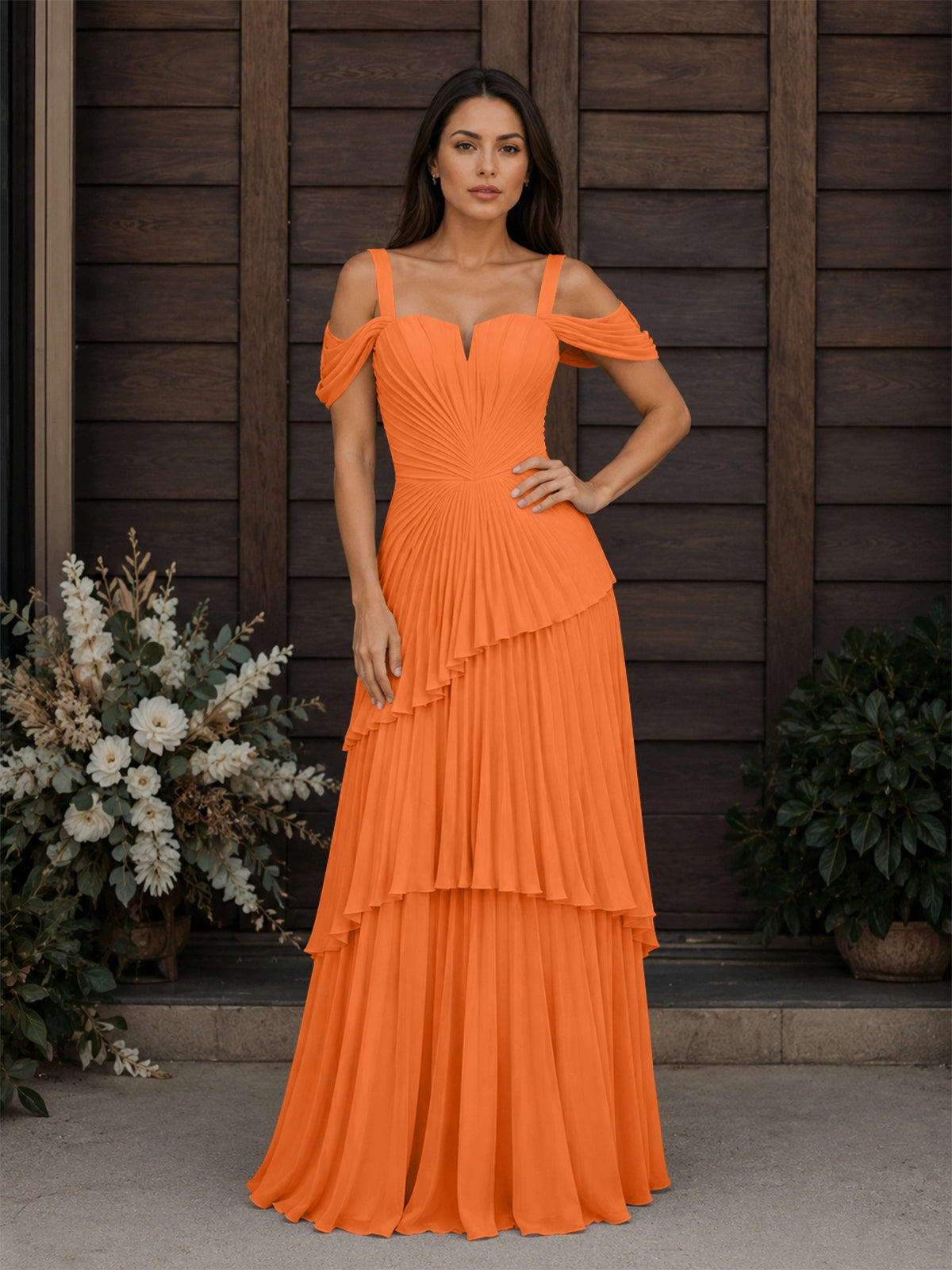Chiffon Bridesmaid Dress with Cold-Shoulder 