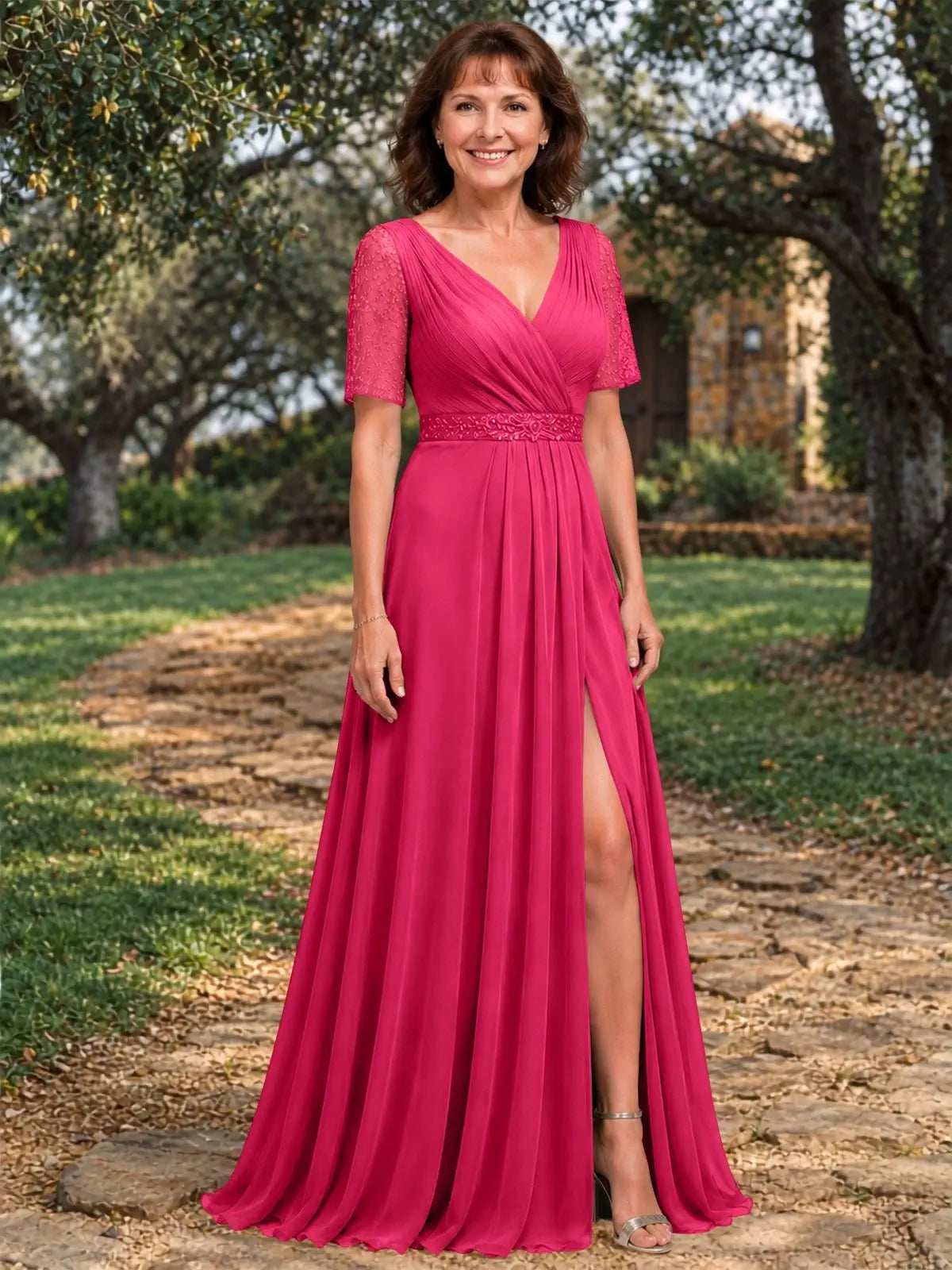 Surplice Neckline Mother of the Bride Dress with Slit 
