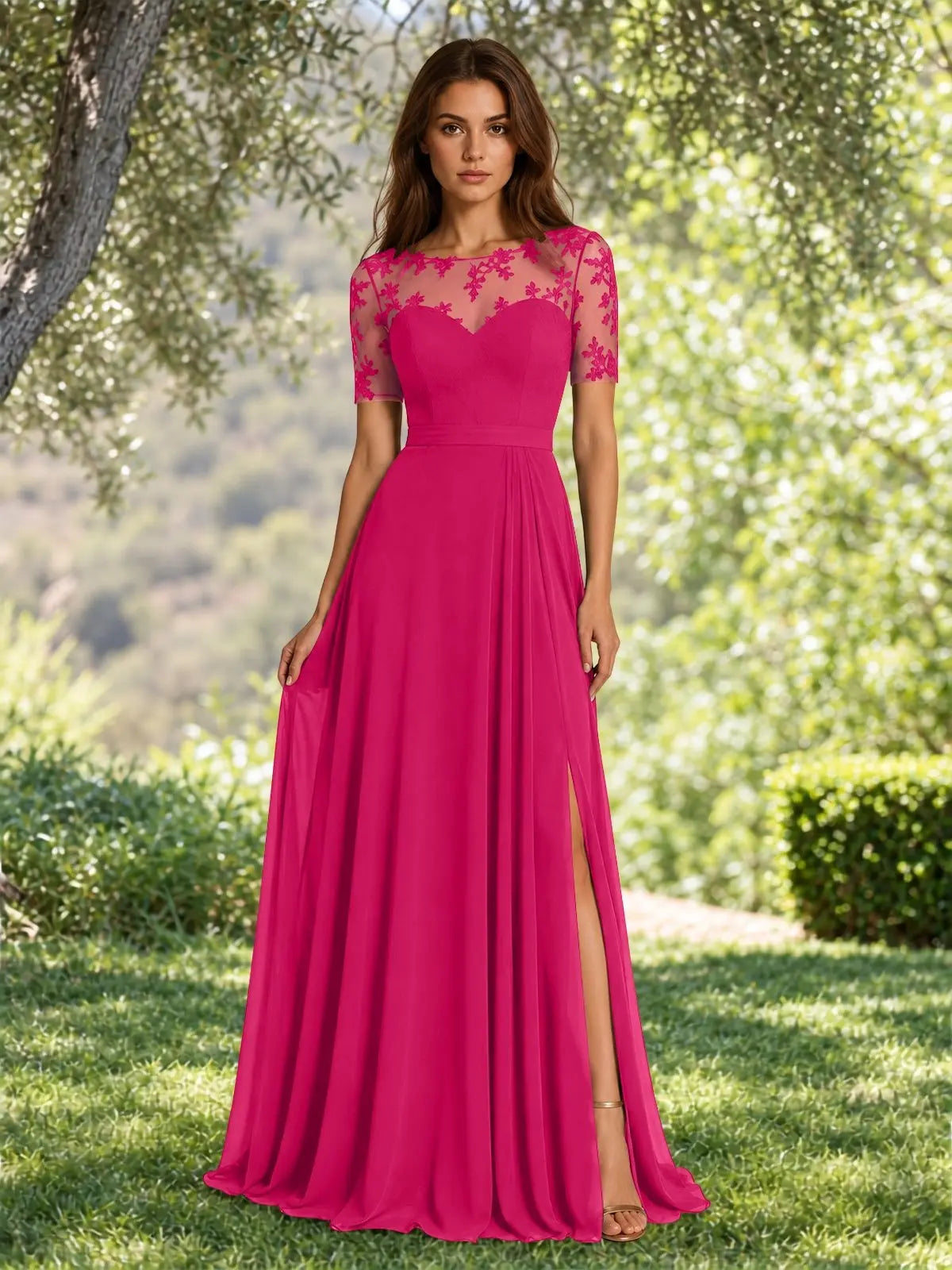 Lace Mother of the Bride Dress with Illusion Neckline 
