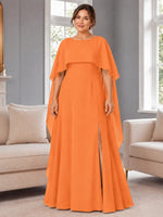 Chiffon Mother of the Bride Dress with Cape Overlay-Plus Size 