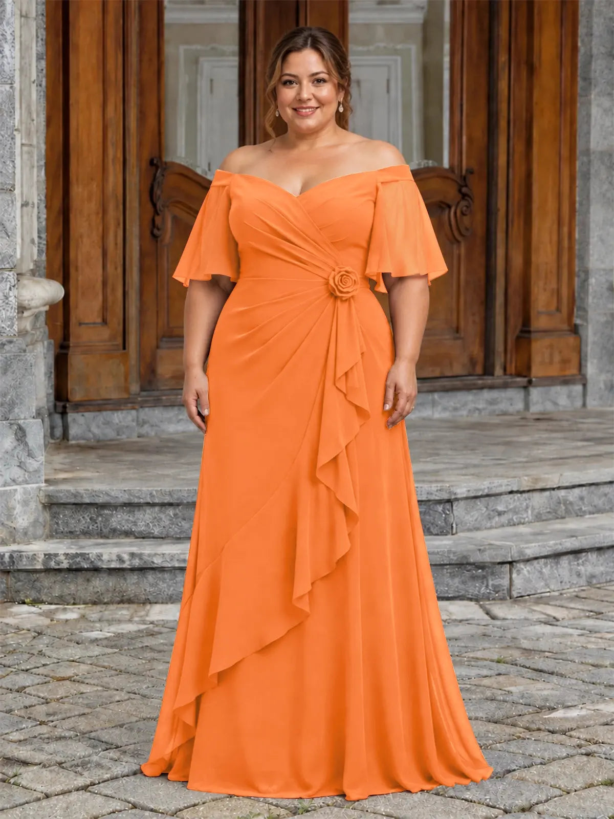 Chiffon Mother of the Bride Dress with 3D Rosette-Plus Size 