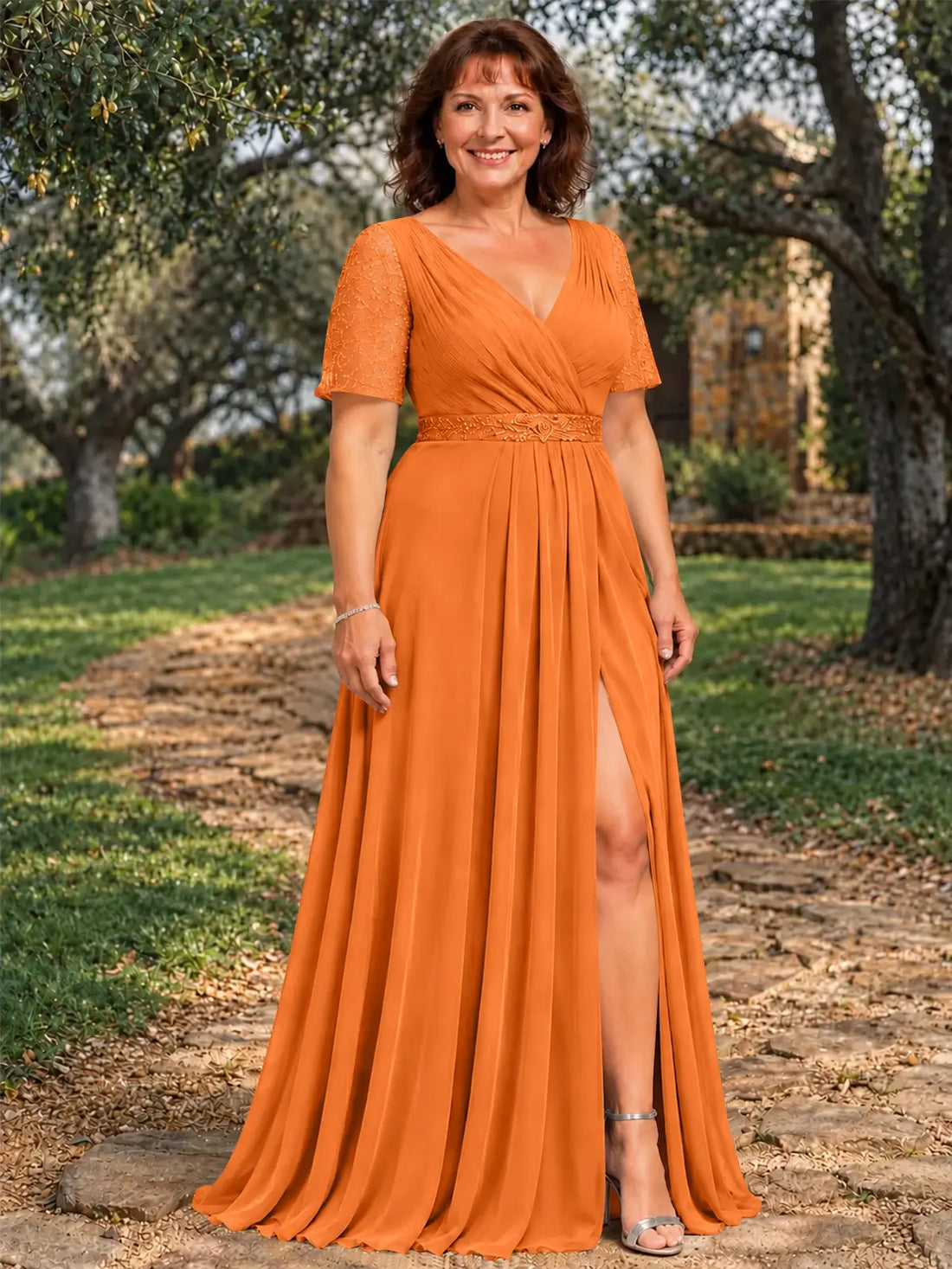 Surplice Neckline Mother of the Bride Dress with Slit-Plus Size 