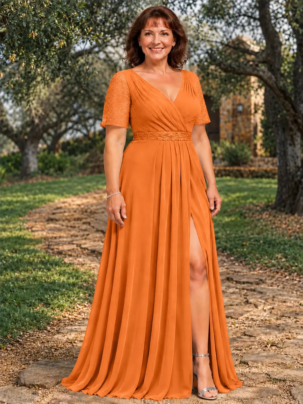 Surplice Neckline Mother of the Bride Dress with Slit-Plus Size 