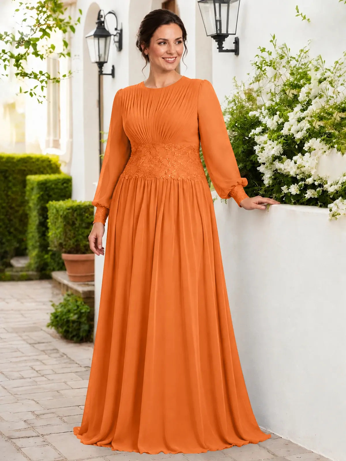 Chiffon Mother of the Bride Dress with Jewel Neckline-Plus Size 