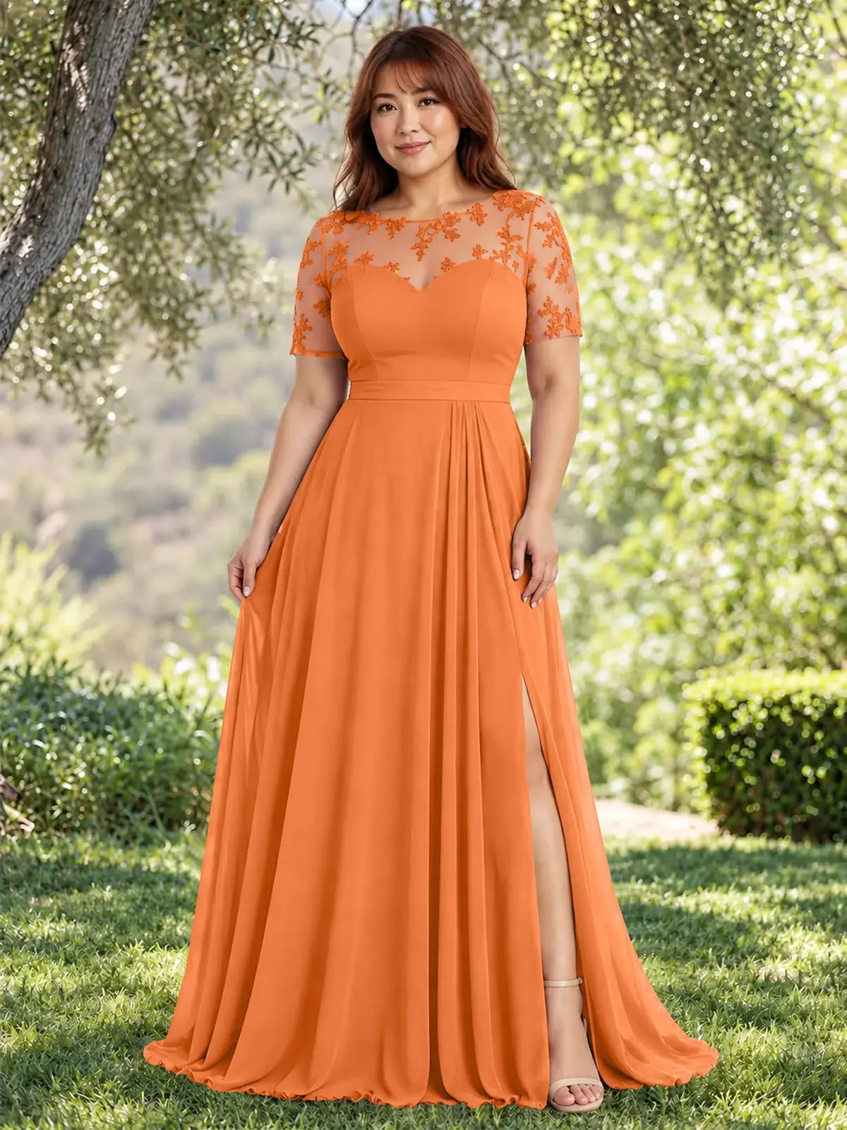 Lace Mother of the Bride Dress with Illusion Neckline-Plus Size 