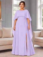 Chiffon Mother of the Bride Dress with Cape Overlay-Plus Size 