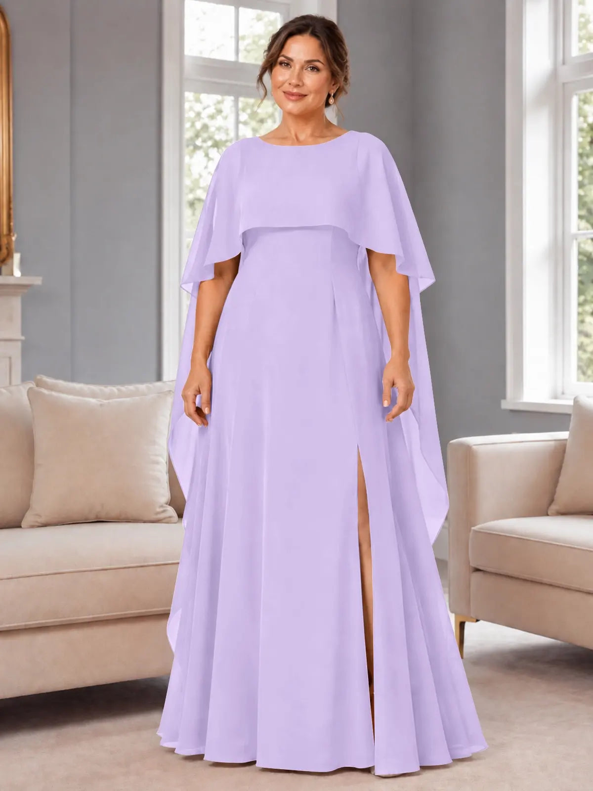 Chiffon Mother of the Bride Dress with Cape Overlay-Plus Size 