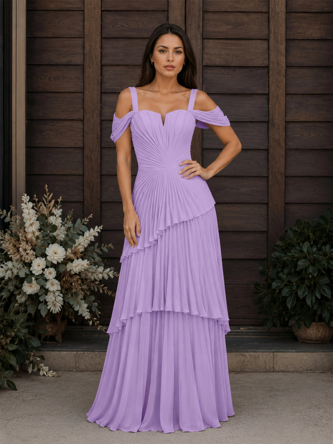 Chiffon Bridesmaid Dress with Cold-Shoulder 