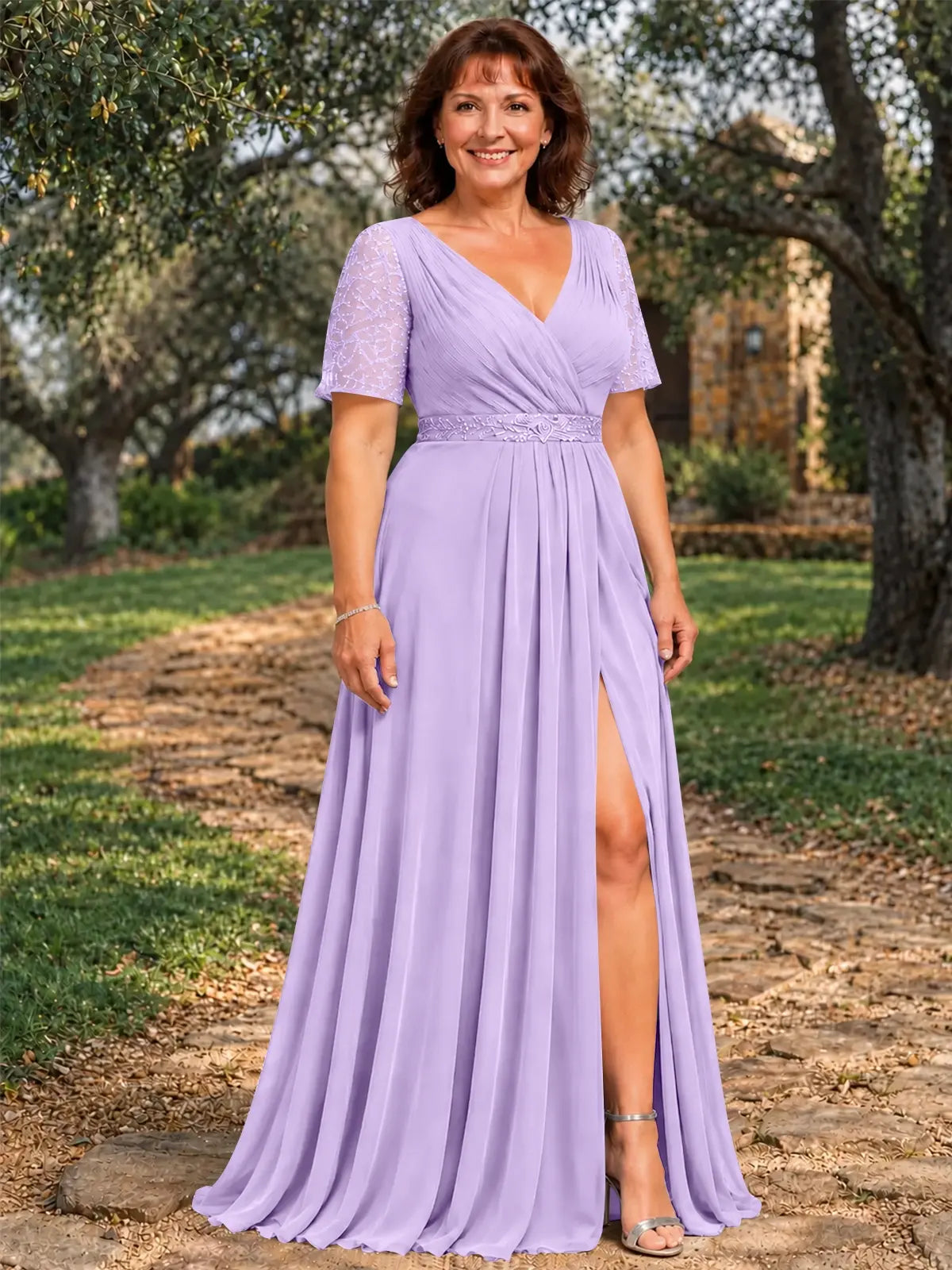 Surplice Neckline Mother of the Bride Dress with Slit-Plus Size 