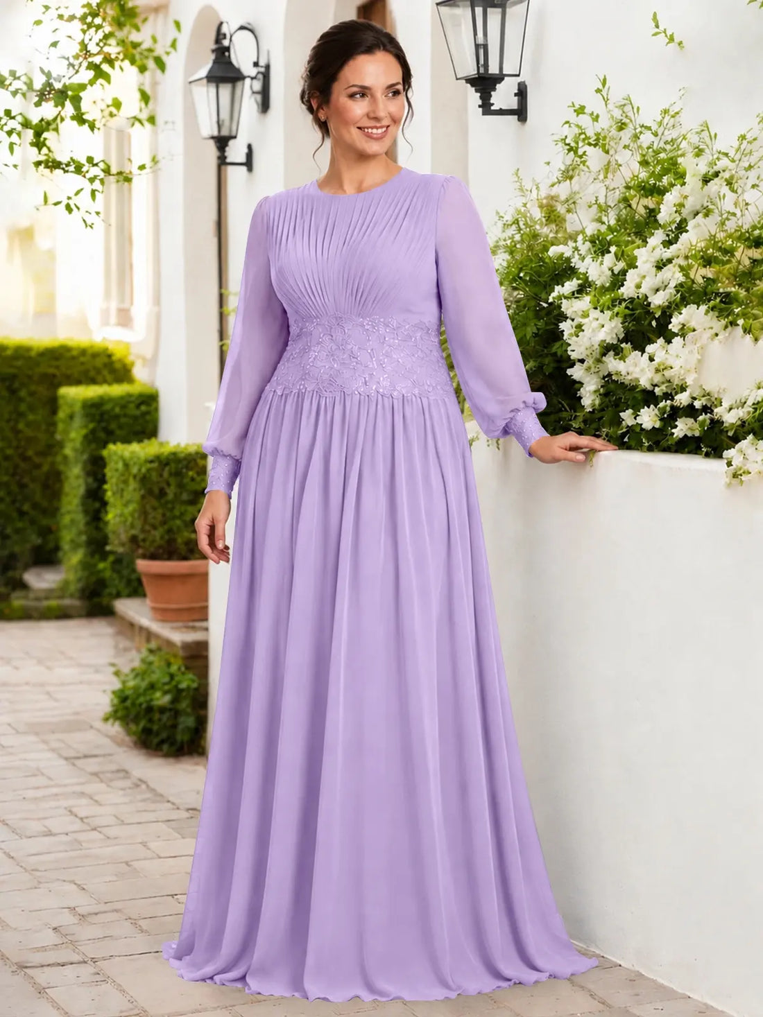 Chiffon Mother of the Bride Dress with Jewel Neckline-Plus Size 