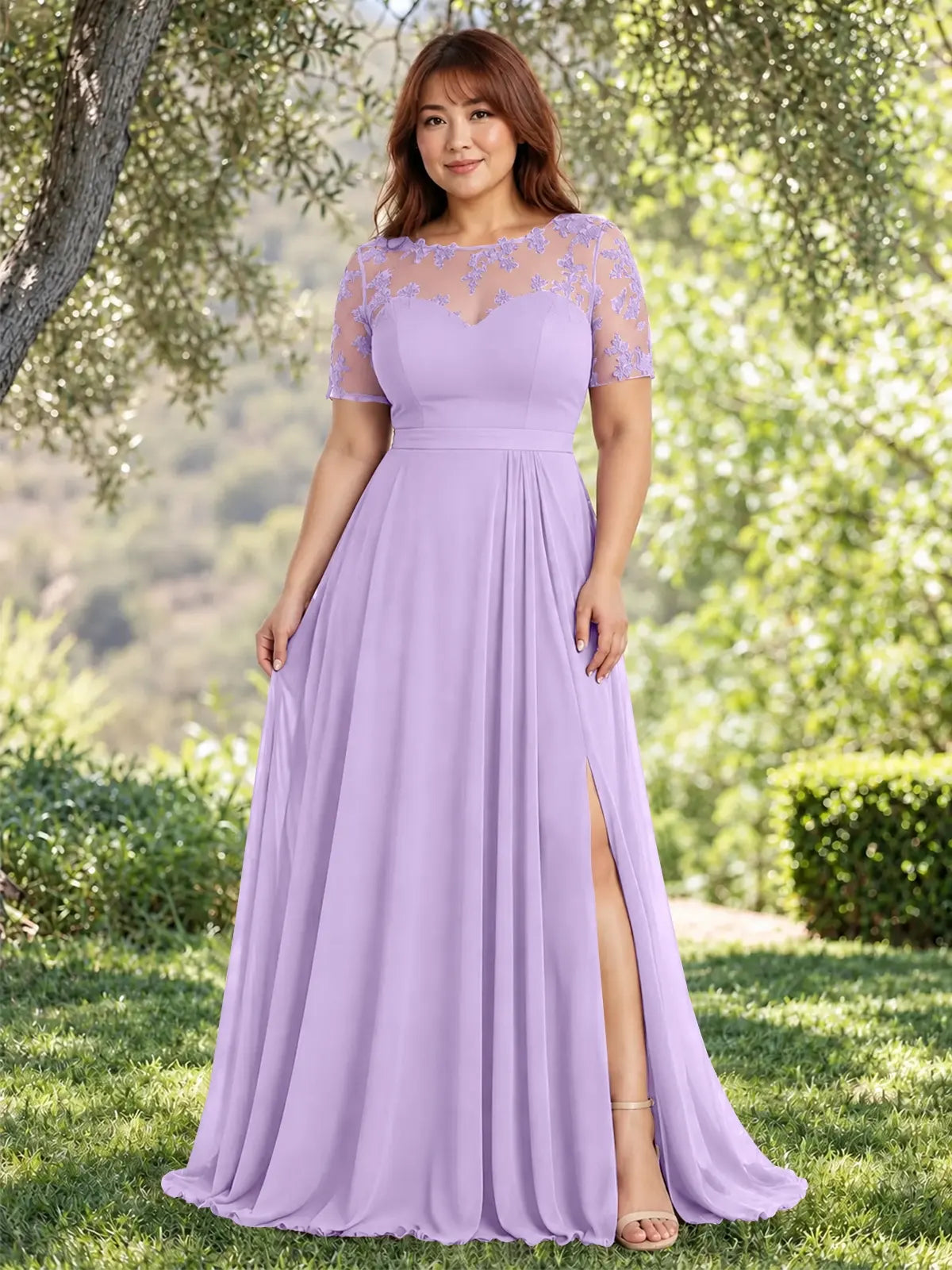 Lace Mother of the Bride Dress with Illusion Neckline-Plus Size 