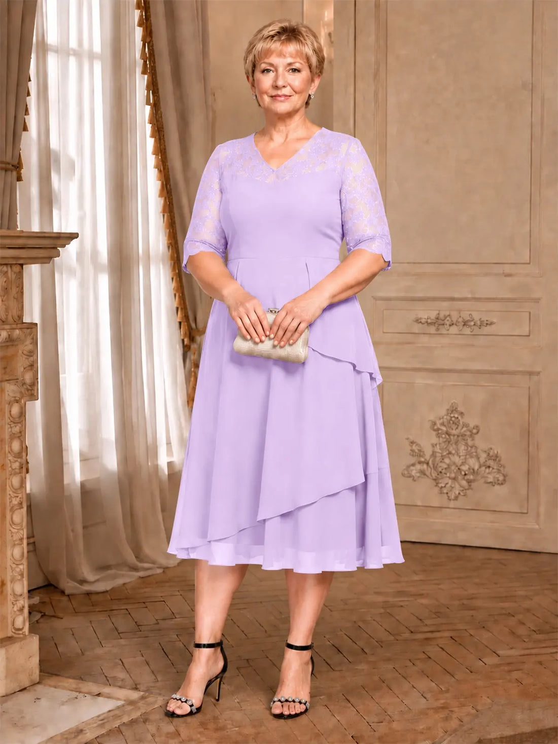 A-line Mother of the Bride Dress with Lace Sleeves-Plus Size 