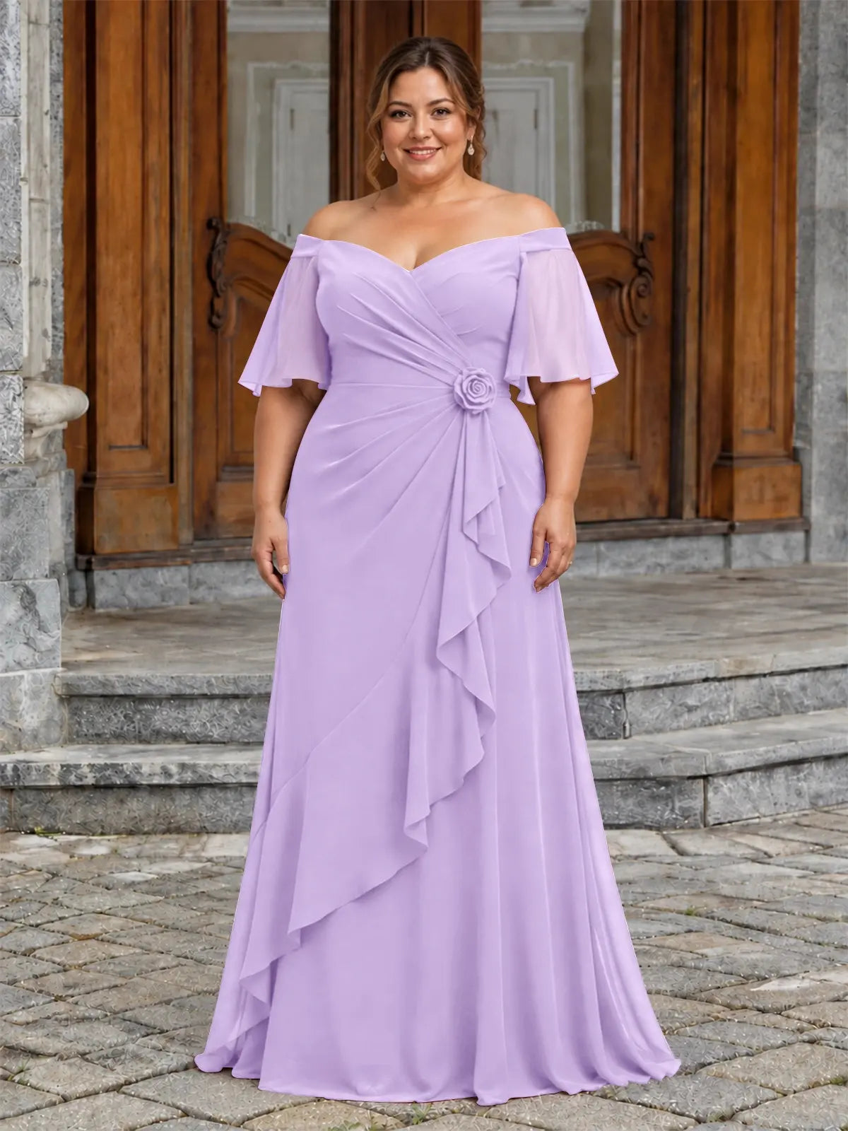Chiffon Mother of the Bride Dress with 3D Rosette-Plus Size 
