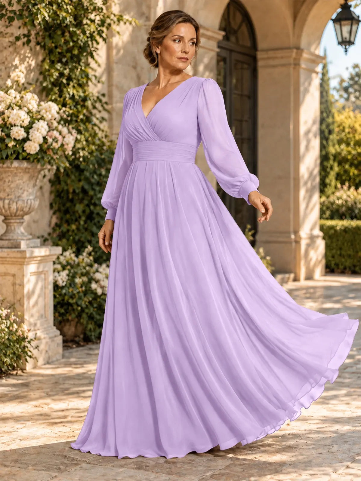 Chiffon Mother of the Bride Dress with Long Sleeves-Plus Size 