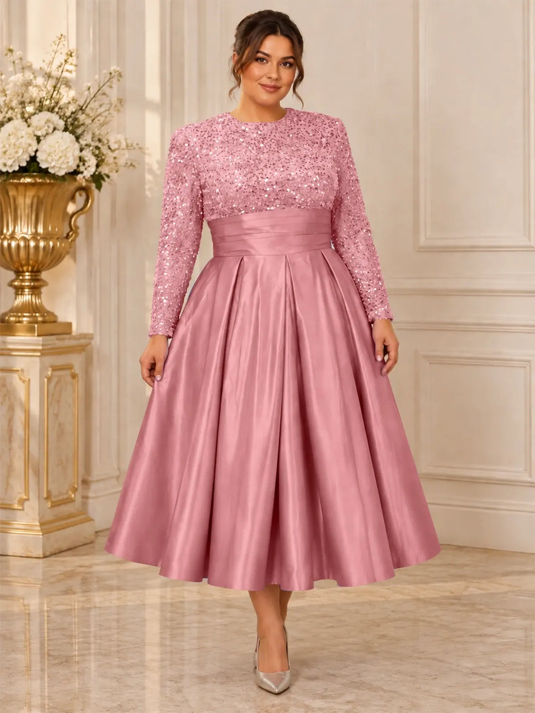 Sequined Mother Dress with Pockets-Plus Size 