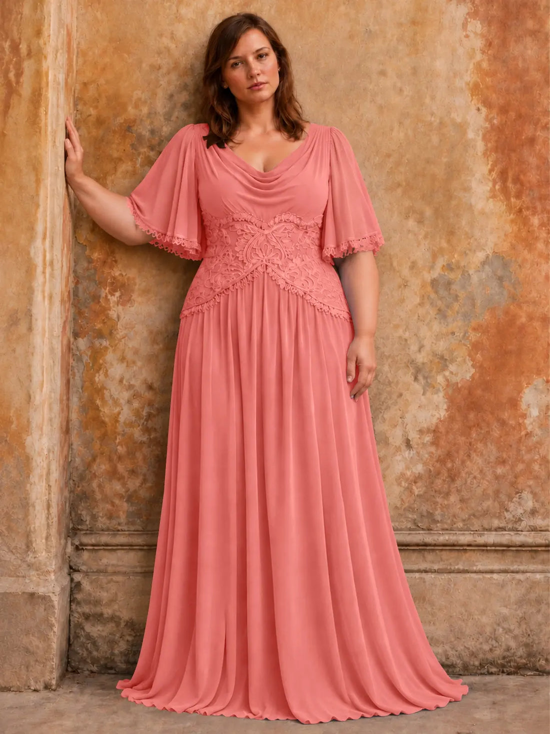 Cowl Neck Mother of the Bride Dress with Applique-Plus Size 