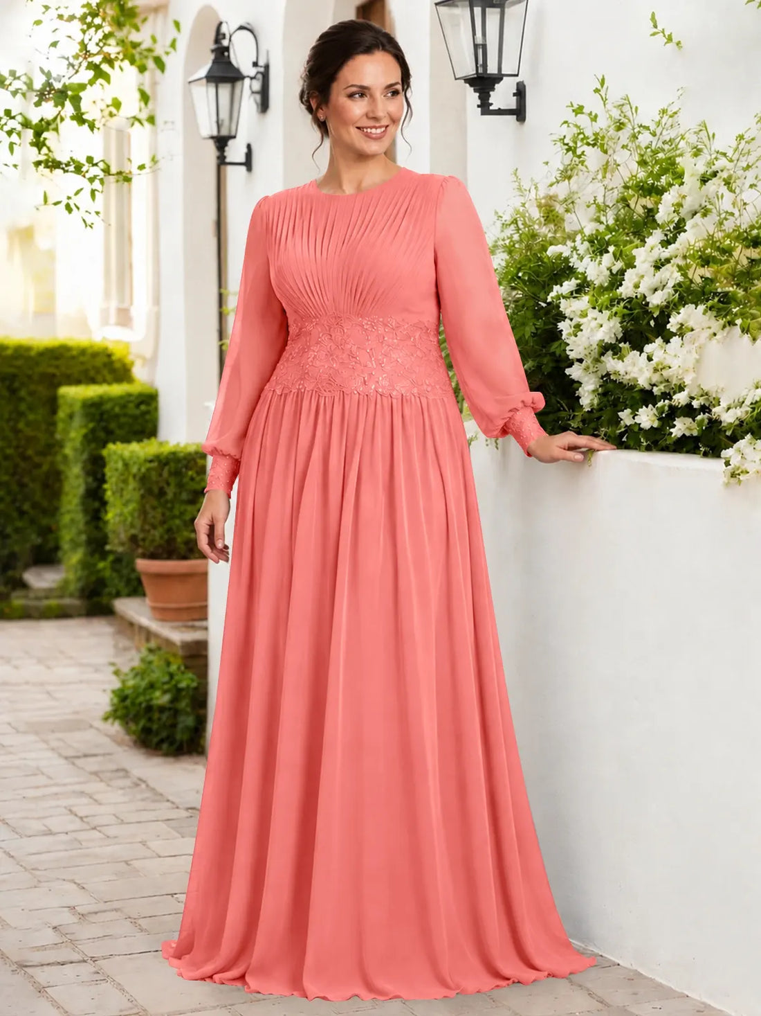 Chiffon Mother of the Bride Dress with Jewel Neckline-Plus Size 
