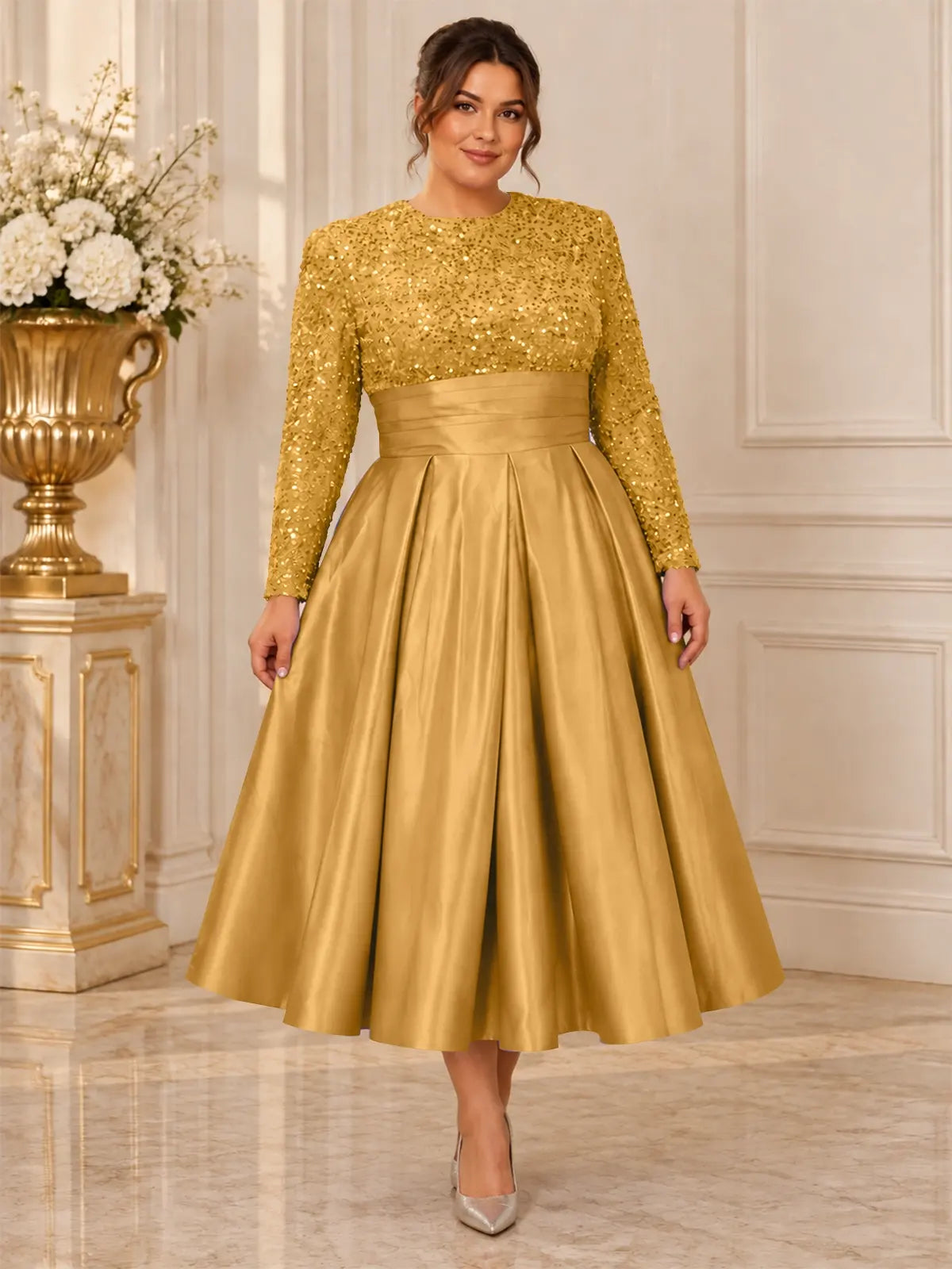 Sequined Mother Dress with Pockets-Plus Size 