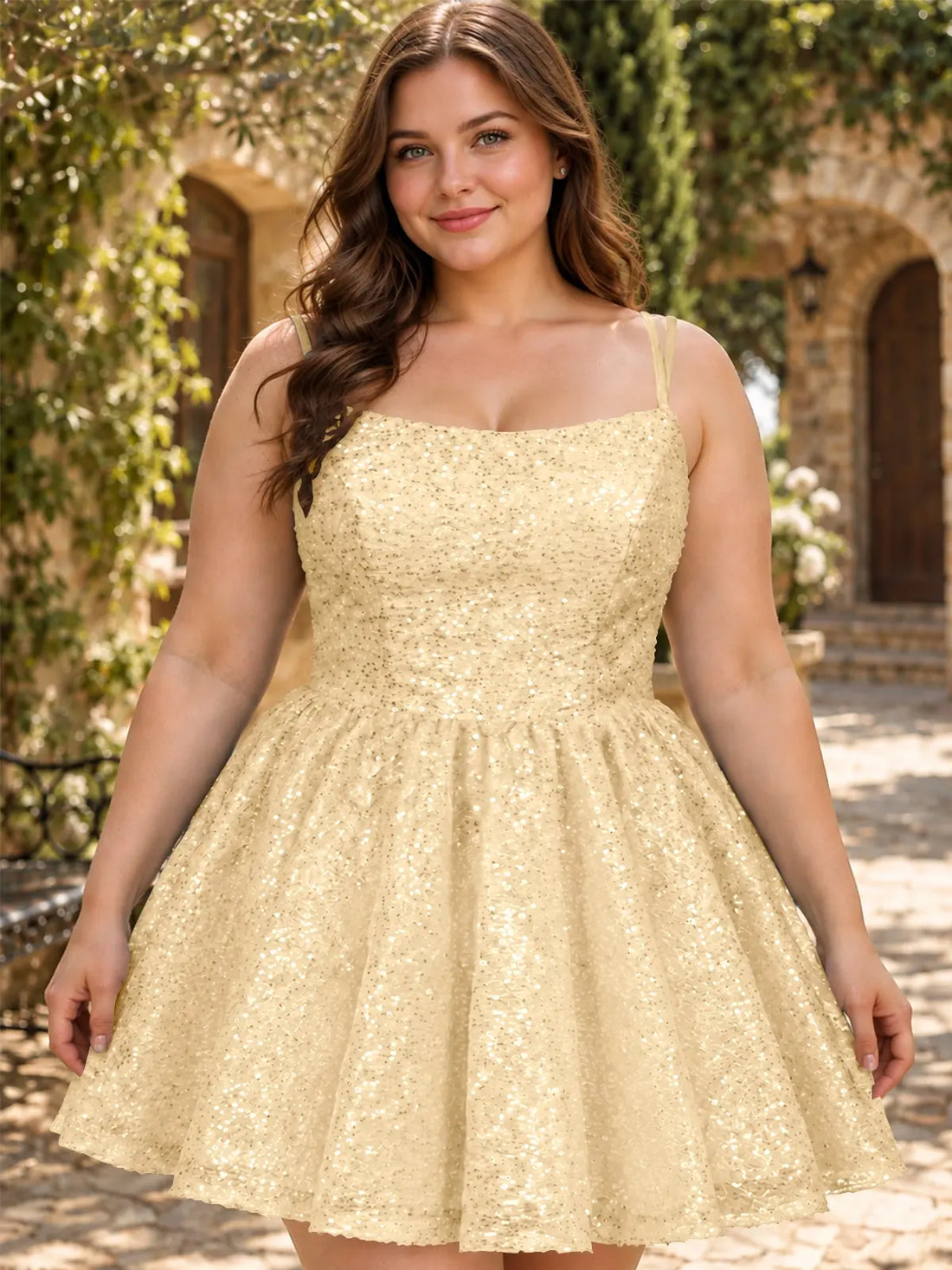 Sparkly Sequined A-line Mini Dress-Plus Size 