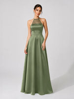 Satin Bridesmaid Dress with Illusion Halter Neck 
