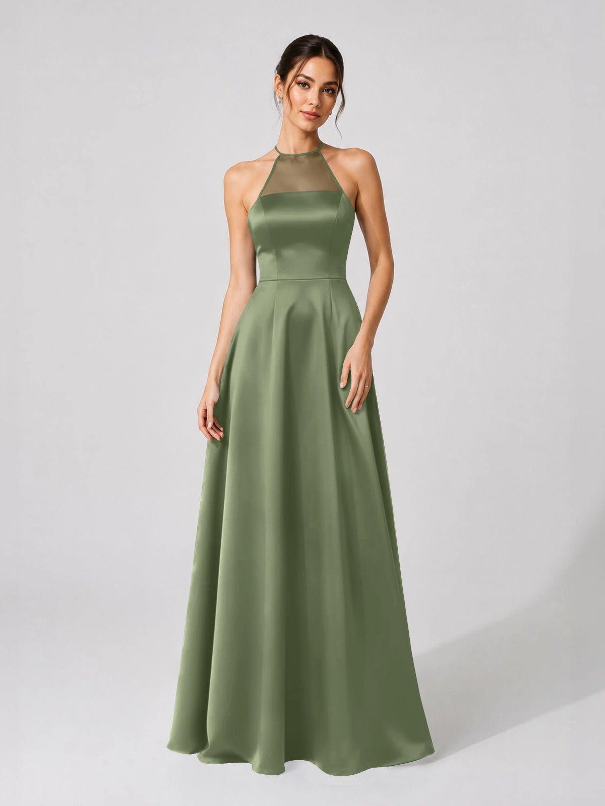 Satin Bridesmaid Dress with Illusion Halter Neck 