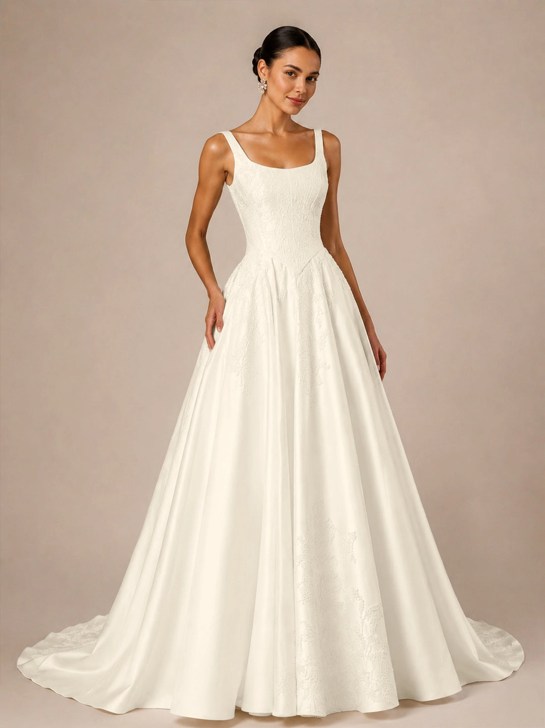 Stretch Crepe Wedding Dress with Lace Embroidery 