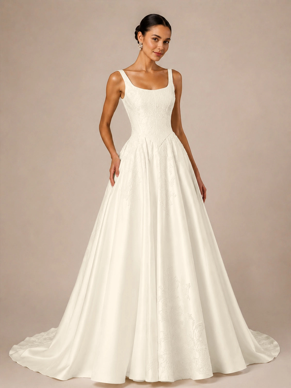 Stretch Crepe Wedding Dress with Lace Embroidery 