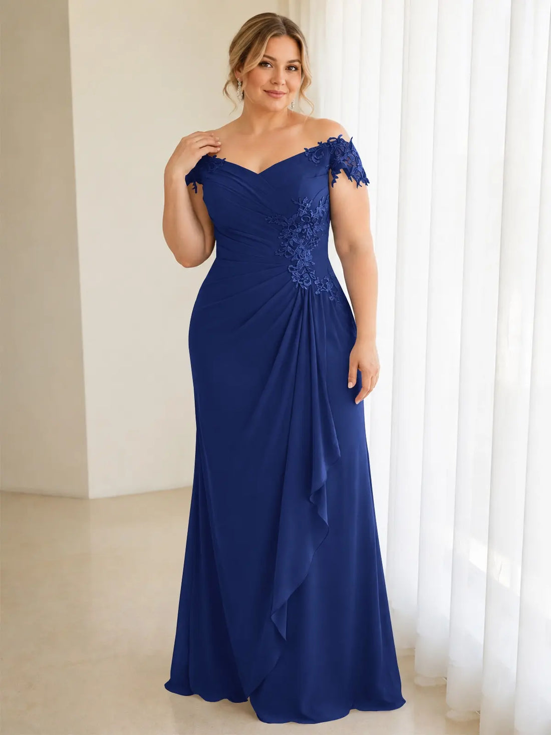 Off-Shoulder Chiffon Sheath Mother of the Bride Dress-Plus Size 