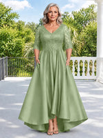 Satin Mother of the Bride Dress with Lace Sleeves-Plus Size 