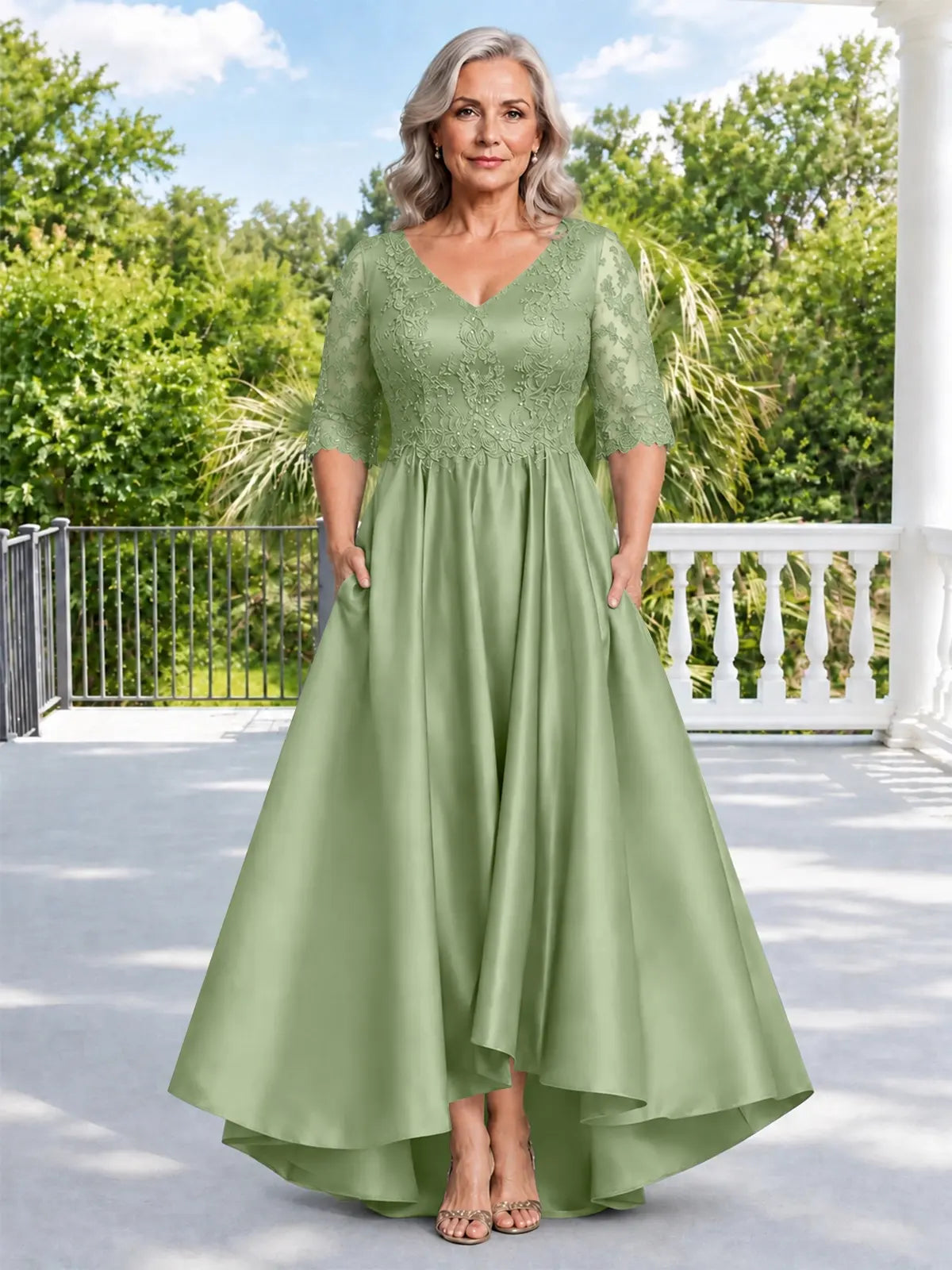 Satin Mother of the Bride Dress with Lace Sleeves-Plus Size 
