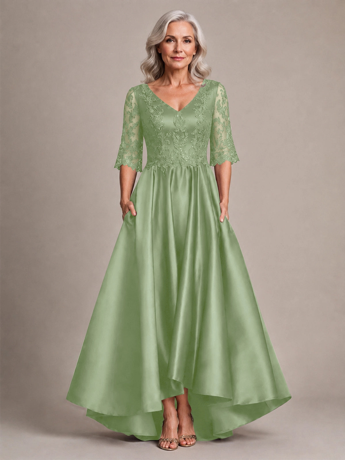 Satin Mother of the Bride Dress with Lace Sleeves 