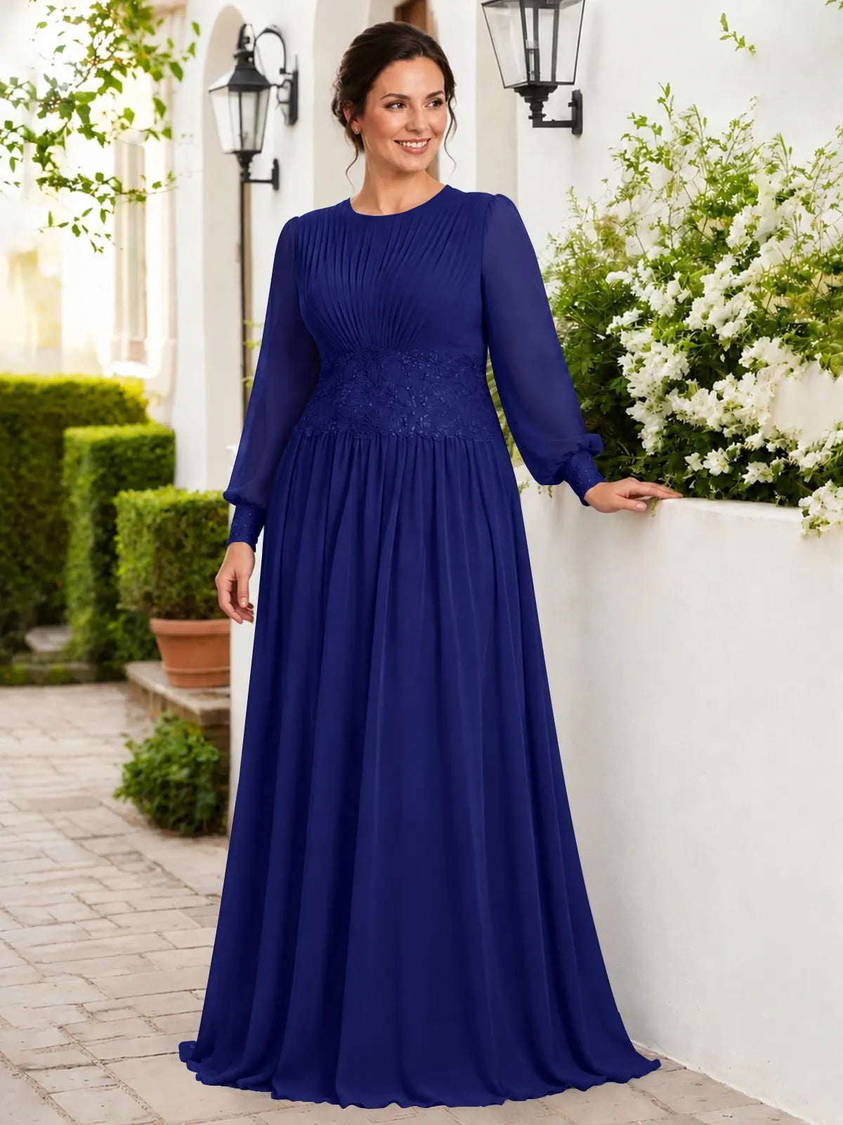 Chiffon Mother of the Bride Dress with Jewel Neckline-Plus Size 