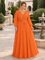 Long Sleeves Applique Chiffon Dress-Plus Size 