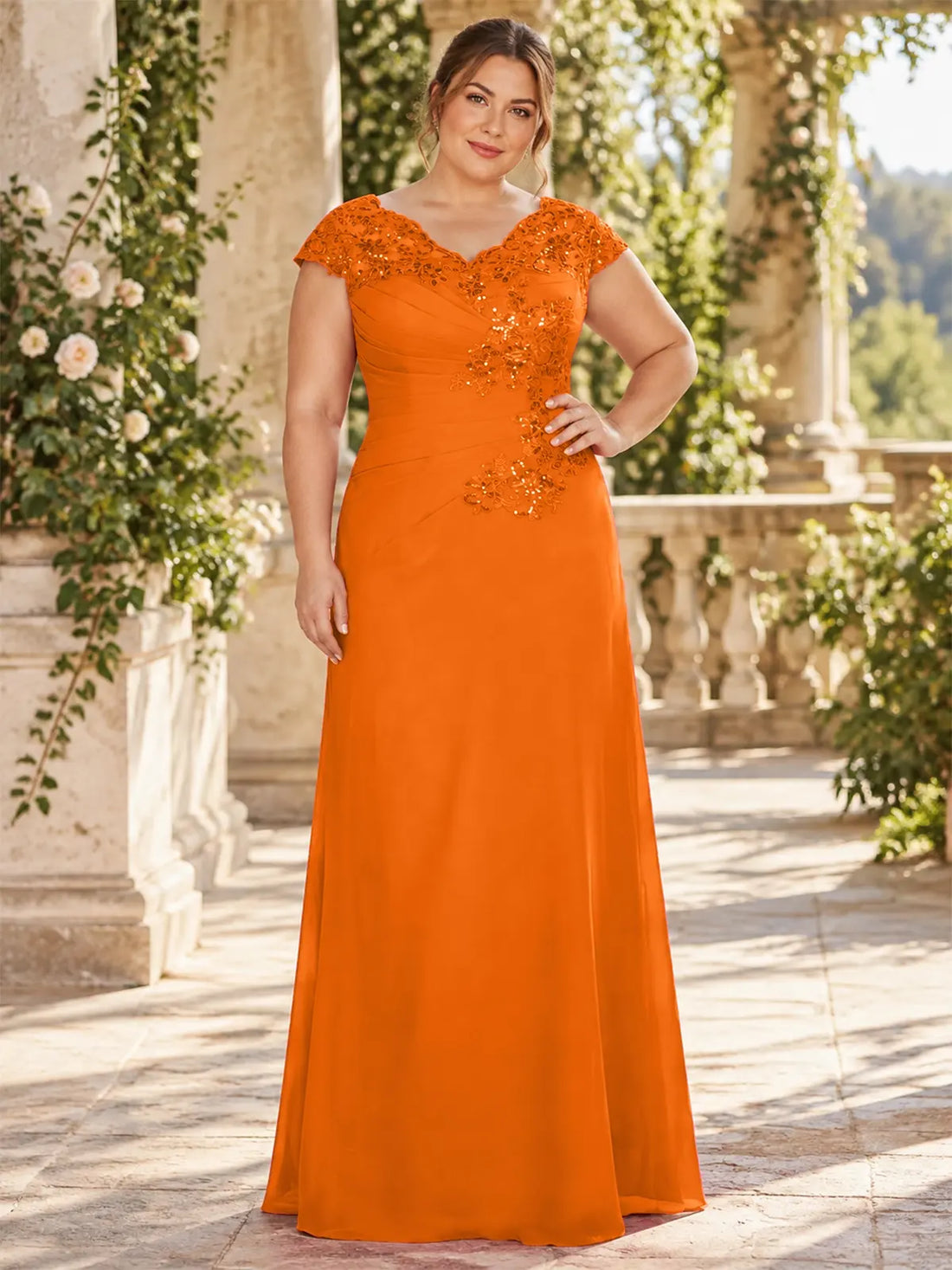 Sequin Applique Lace Shoulders Dress-Plus Size 