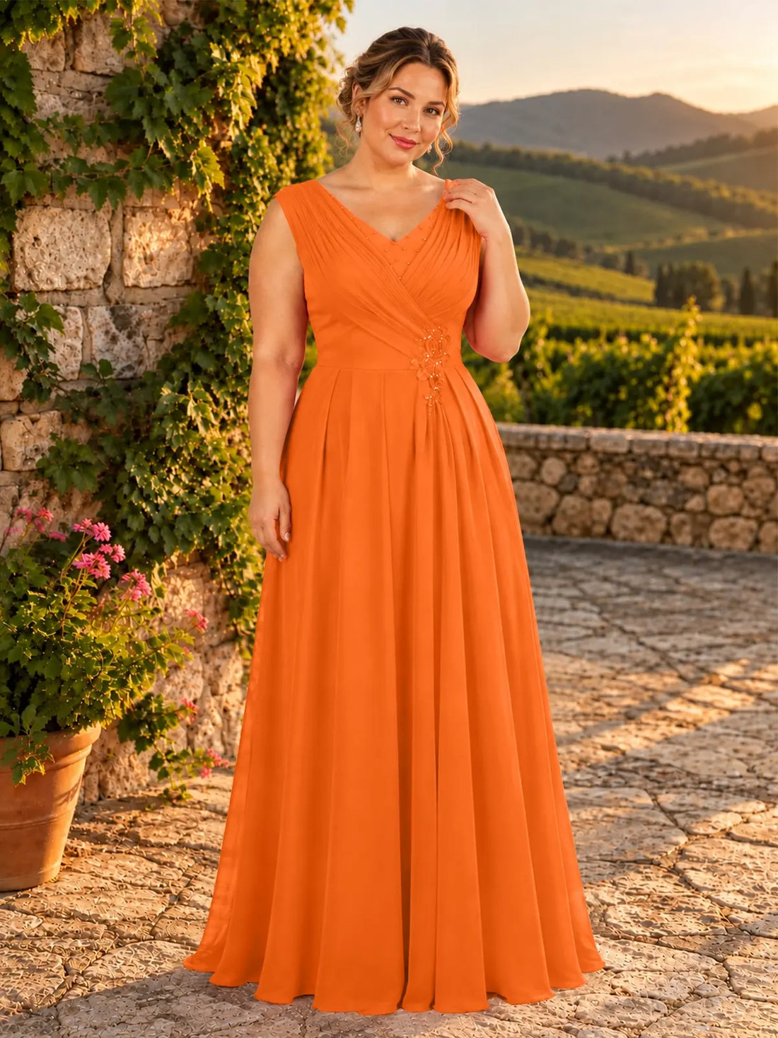 V-neck Pleated Beading Chiffon Dress-Plus Size 