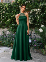 Satin Bridesmaid Dress with Illusion Halter Neck