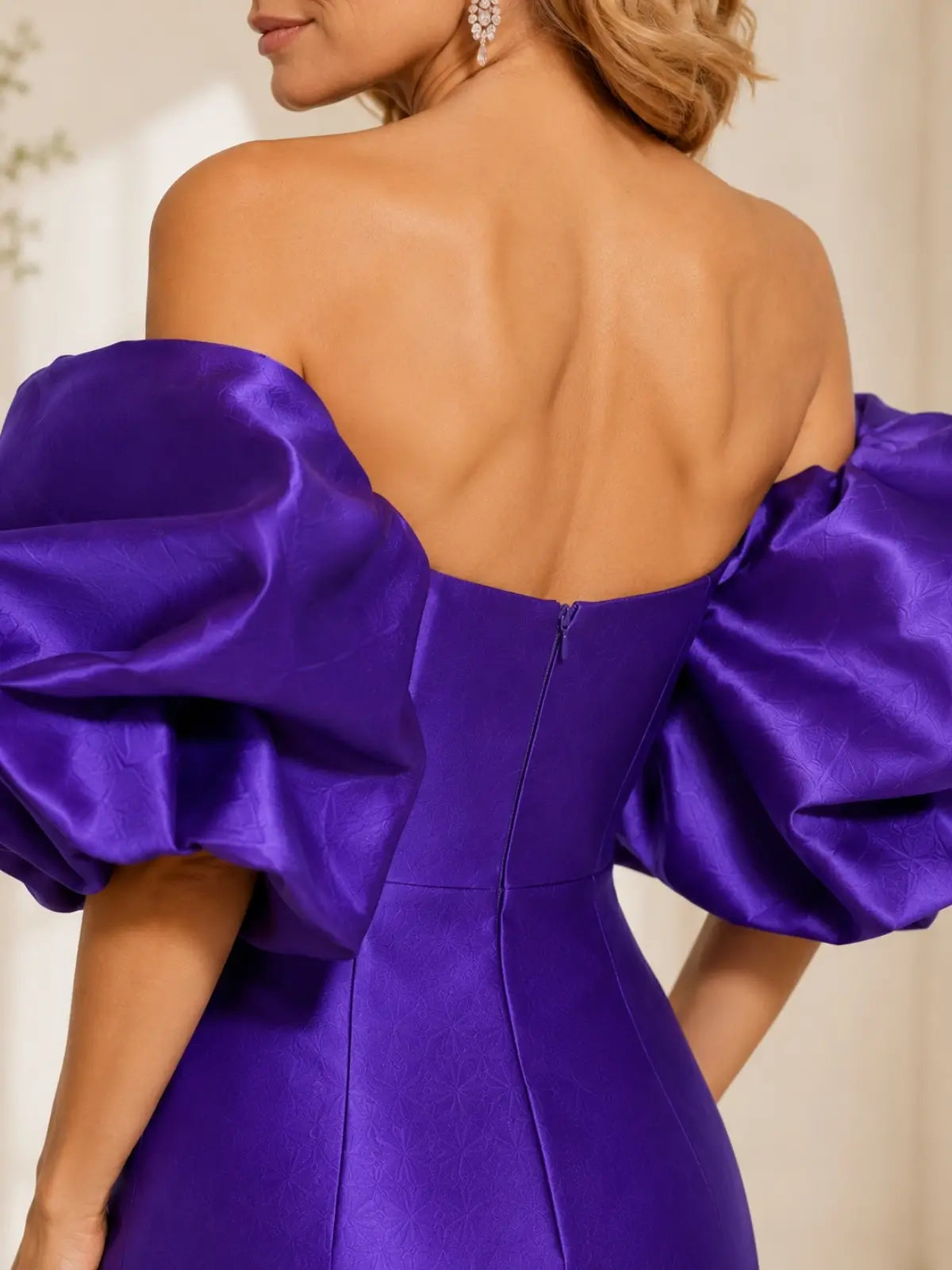 Satin Mother of the Bride Dress with Detachable Puff Sleeves