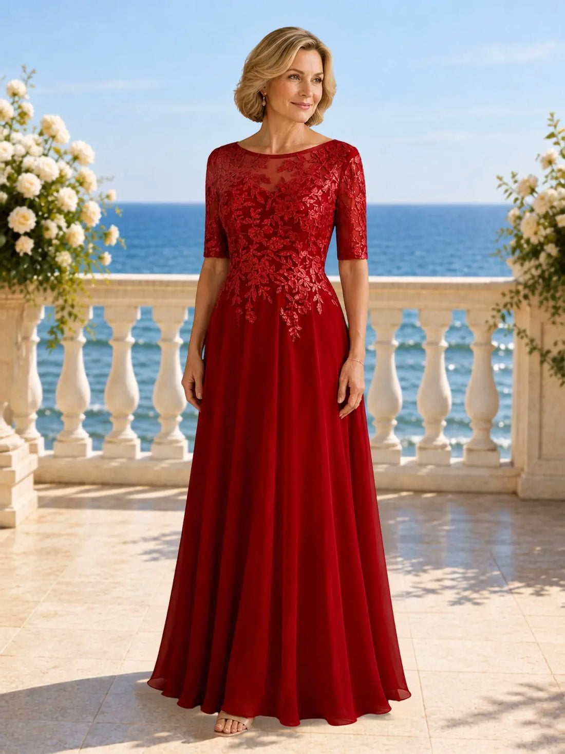 Applique Half Sleeves Chiffon Dress 